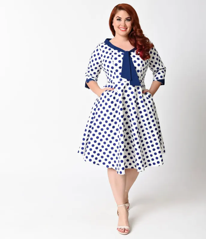 Unique Vintage Plus Size 1950s White & Royal Dotted Desi Swing Dress sold by Unique Vintage