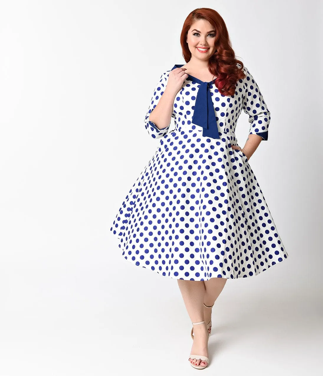 Unique Vintage Plus Size 1950s White & Royal Dotted Desi Swing Dress sold by Unique Vintage product image thumbnail 5