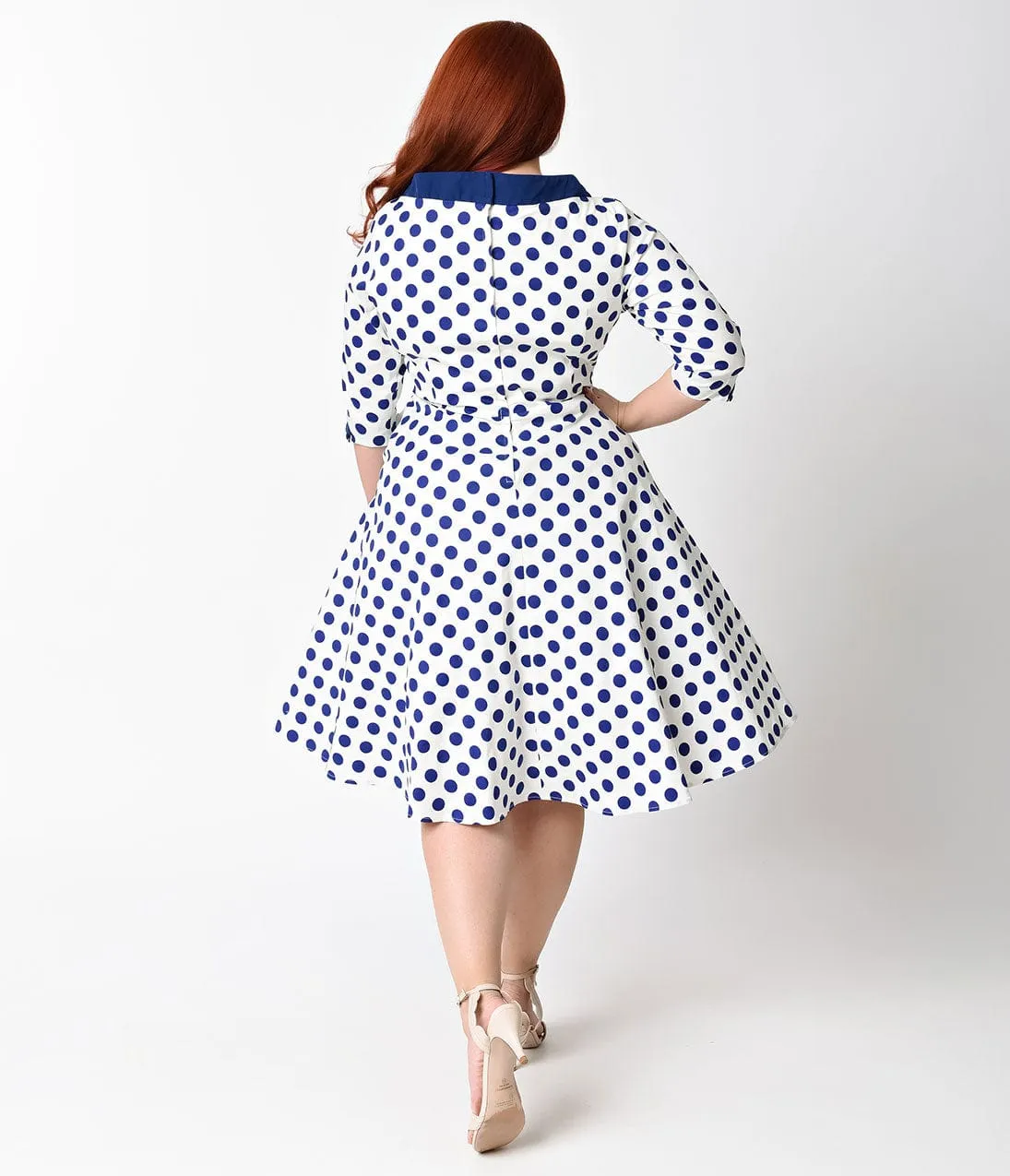 Unique Vintage Plus Size 1950s White & Royal Dotted Desi Swing Dress sold by Unique Vintage product image thumbnail 2