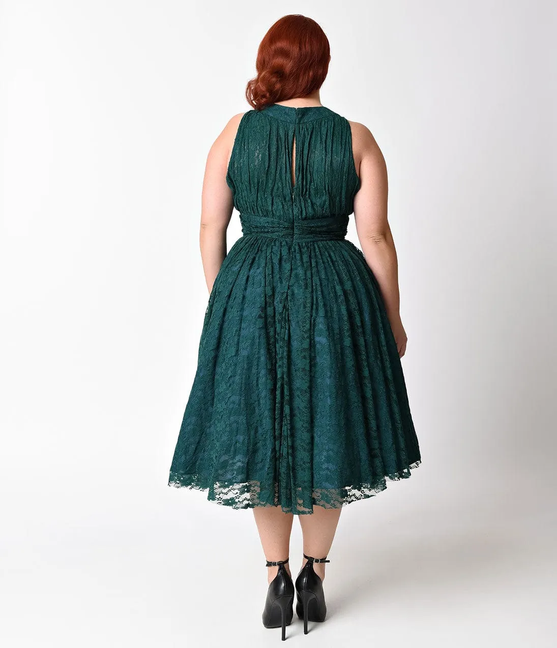 Unique Vintage Plus Size 1940s Teal Lace Sleeveless Roosevelt Swing Dress sold by Unique Vintage product image thumbnail 3