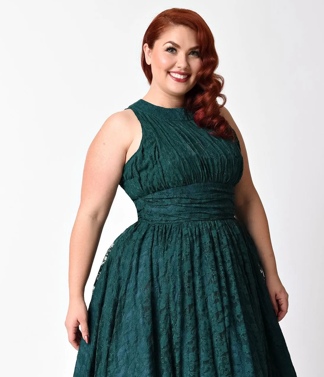 Unique Vintage Plus Size 1940s Teal Lace Sleeveless Roosevelt Swing Dress sold by Unique Vintage product image thumbnail 4