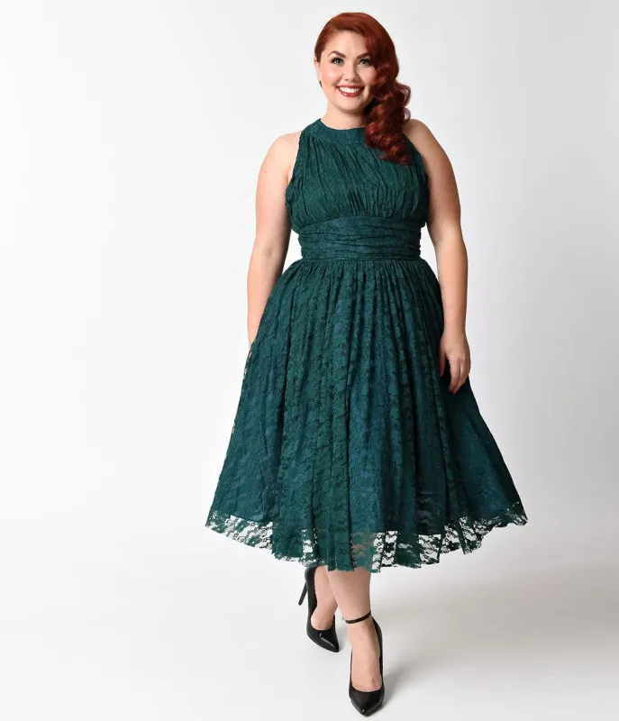 Unique Vintage Plus Size 1940s Teal Lace Sleeveless Roosevelt Swing Dress made by Unique Vintage