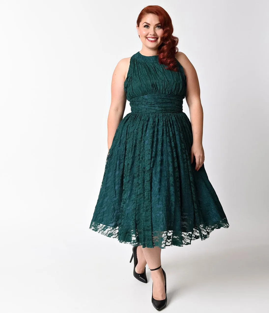 Unique Vintage Plus Size 1940s Teal Lace Sleeveless Roosevelt Swing Dress sold by Unique Vintage