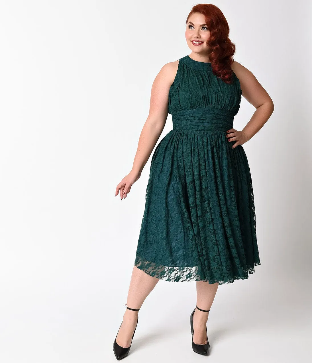 Unique Vintage Plus Size 1940s Teal Lace Sleeveless Roosevelt Swing Dress sold by Unique Vintage product image thumbnail 5