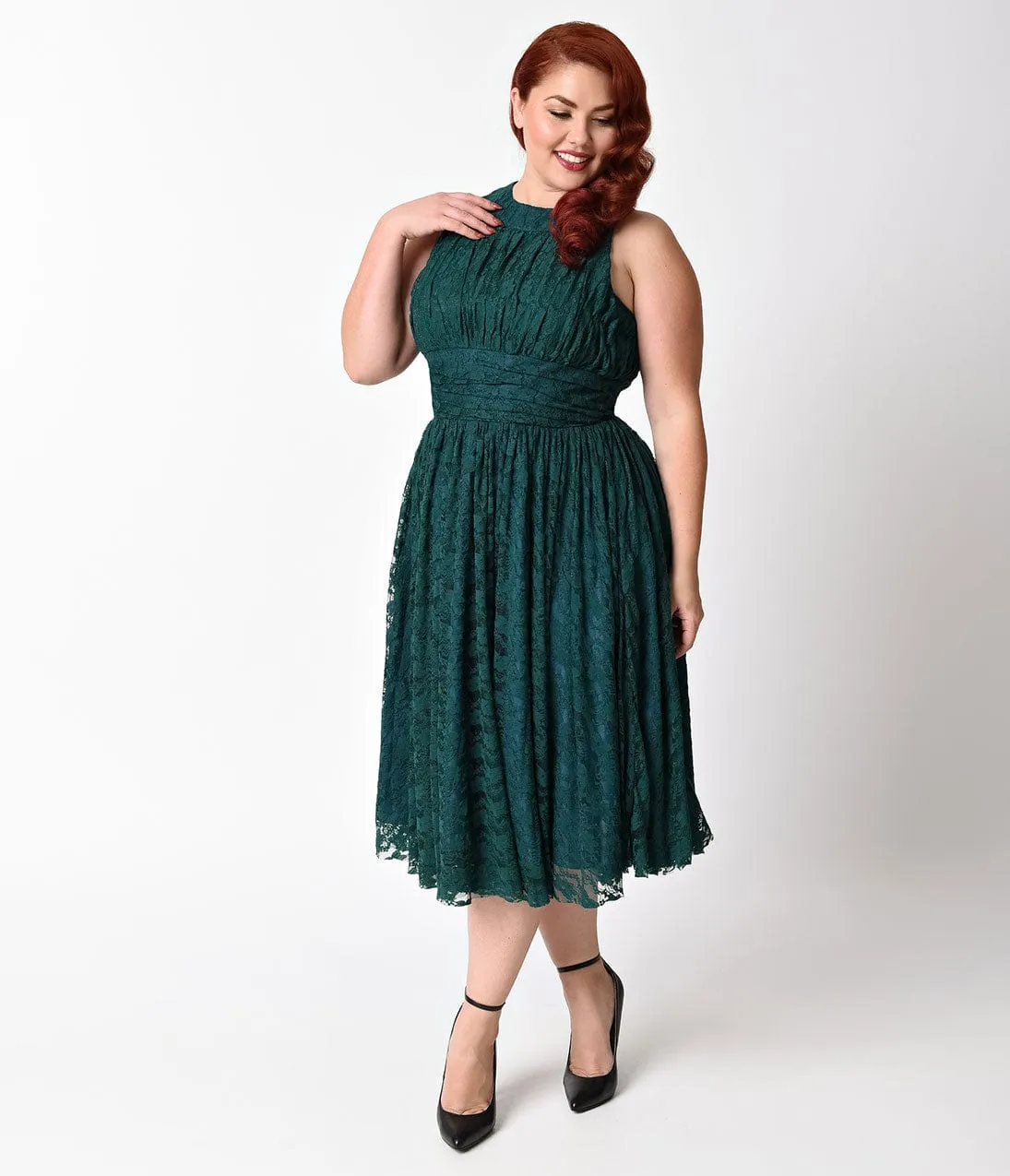 Unique Vintage Plus Size 1940s Teal Lace Sleeveless Roosevelt Swing Dress sold by Unique Vintage product image thumbnail 2