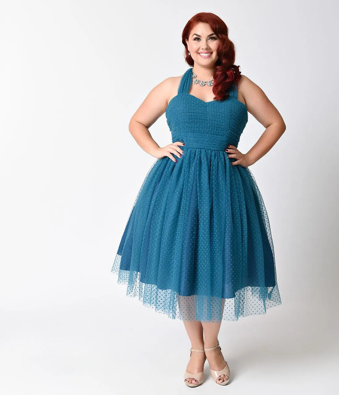 Unique Vintage Plus Size Teal Swiss Dot Garden State Mesh Cocktail Dress sold by Unique Vintage product image thumbnail 3
