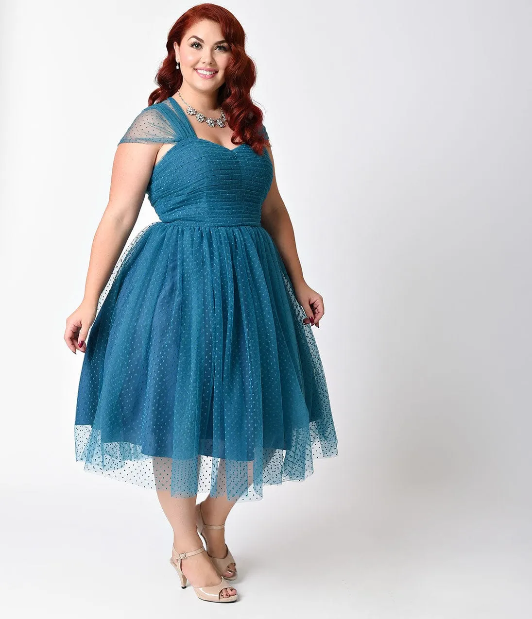 Unique Vintage Plus Size Teal Swiss Dot Garden State Mesh Cocktail Dress sold by Unique Vintage product image thumbnail 4