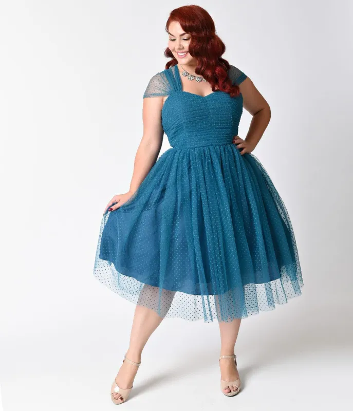 Unique Vintage Plus Size Teal Swiss Dot Garden State Mesh Cocktail Dress sold by Unique Vintage