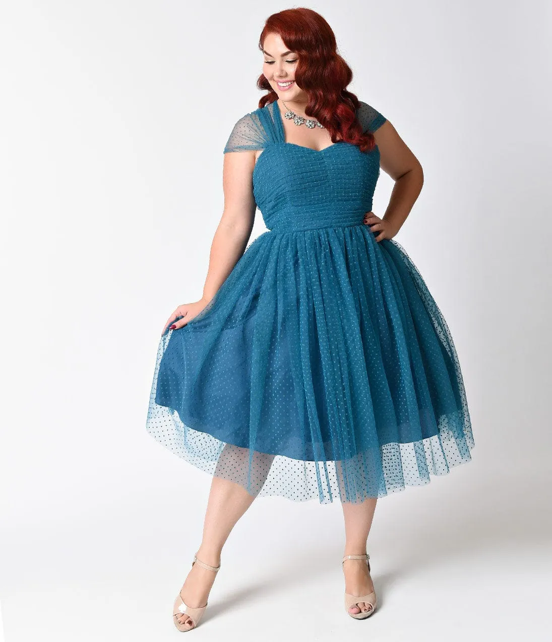 Unique Vintage Plus Size Teal Swiss Dot Garden State Mesh Cocktail Dress sold by Unique Vintage