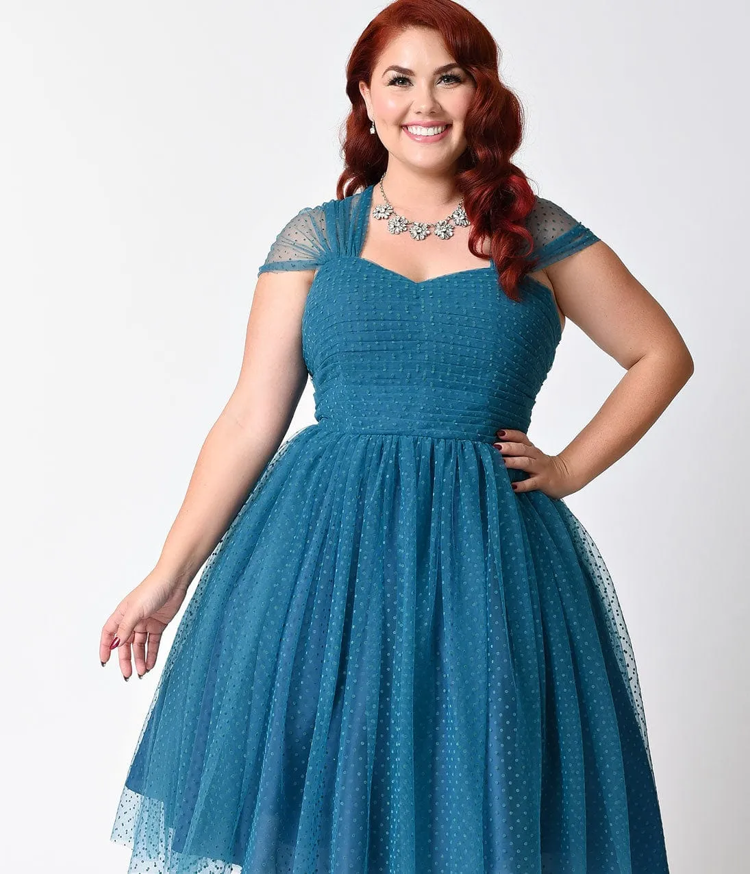 Unique Vintage Plus Size Teal Swiss Dot Garden State Mesh Cocktail Dress sold by Unique Vintage product image thumbnail 5