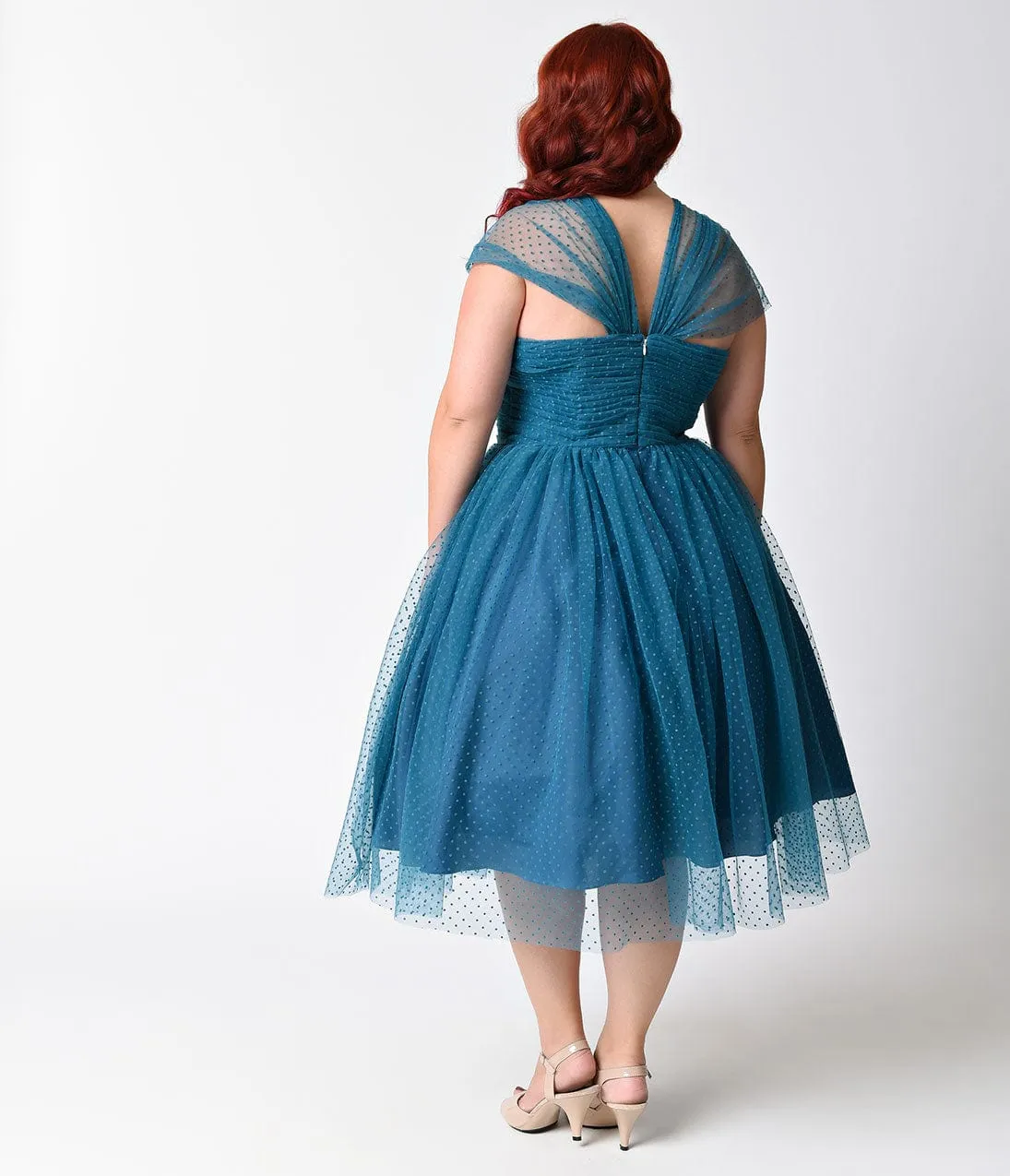 Unique Vintage Plus Size Teal Swiss Dot Garden State Mesh Cocktail Dress sold by Unique Vintage product image thumbnail 2
