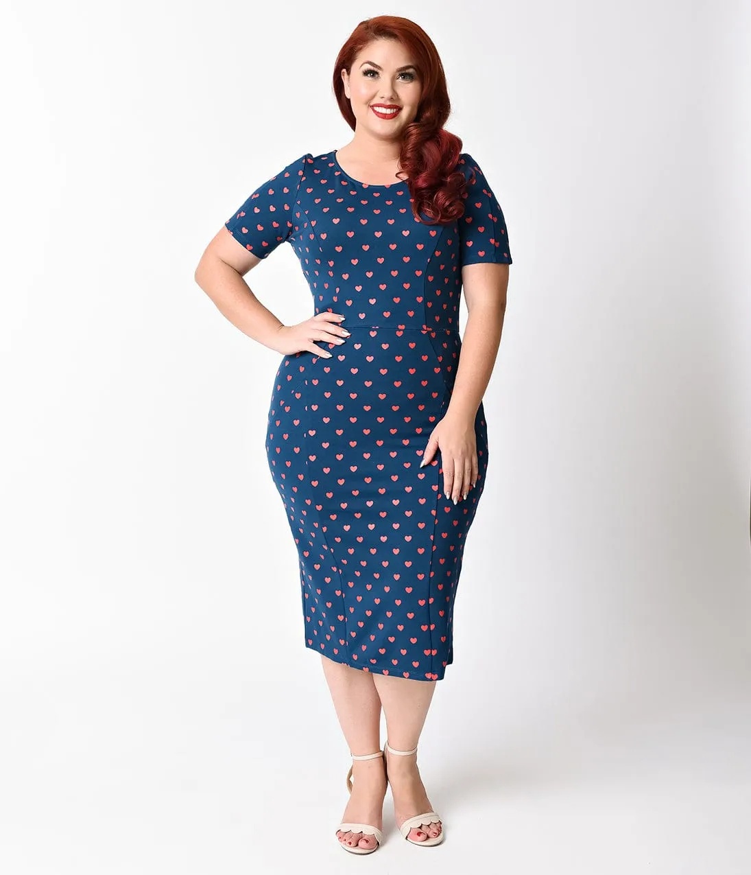 Unique Vintage Plus Size 1960s Teal & Red Hearts Short Sleeve Stretch Mod Wiggle Dress sold by Unique Vintage product image thumbnail 5