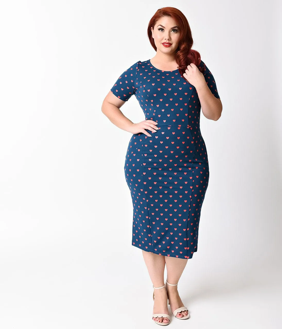 Unique Vintage Plus Size 1960s Teal & Red Hearts Short Sleeve Stretch Mod Wiggle Dress sold by Unique Vintage product image thumbnail 2