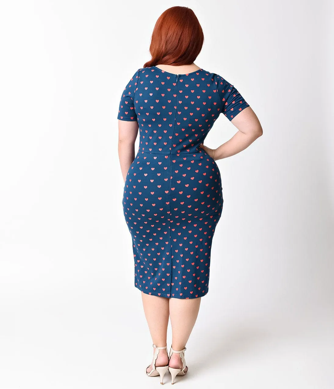 Unique Vintage Plus Size 1960s Teal & Red Hearts Short Sleeve Stretch Mod Wiggle Dress sold by Unique Vintage product image thumbnail 3