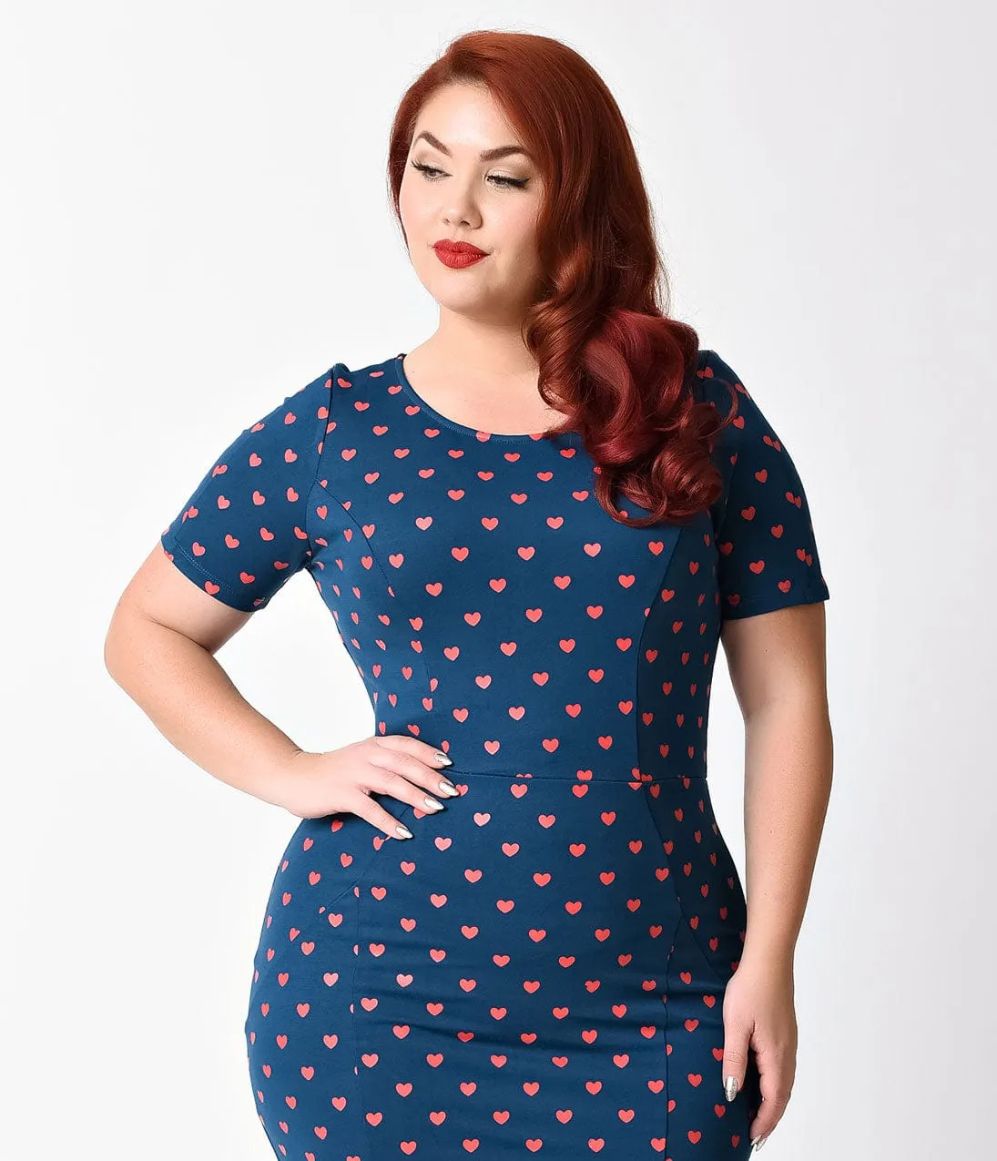 Unique Vintage Plus Size 1960s Teal & Red Hearts Short Sleeve Stretch Mod Wiggle Dress sold by Unique Vintage product image thumbnail 4