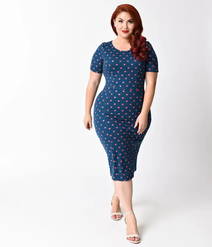 Unique Vintage Plus Size 1960s Teal & Red Hearts Short Sleeve Stretch Mod Wiggle Dress made by Unique Vintage