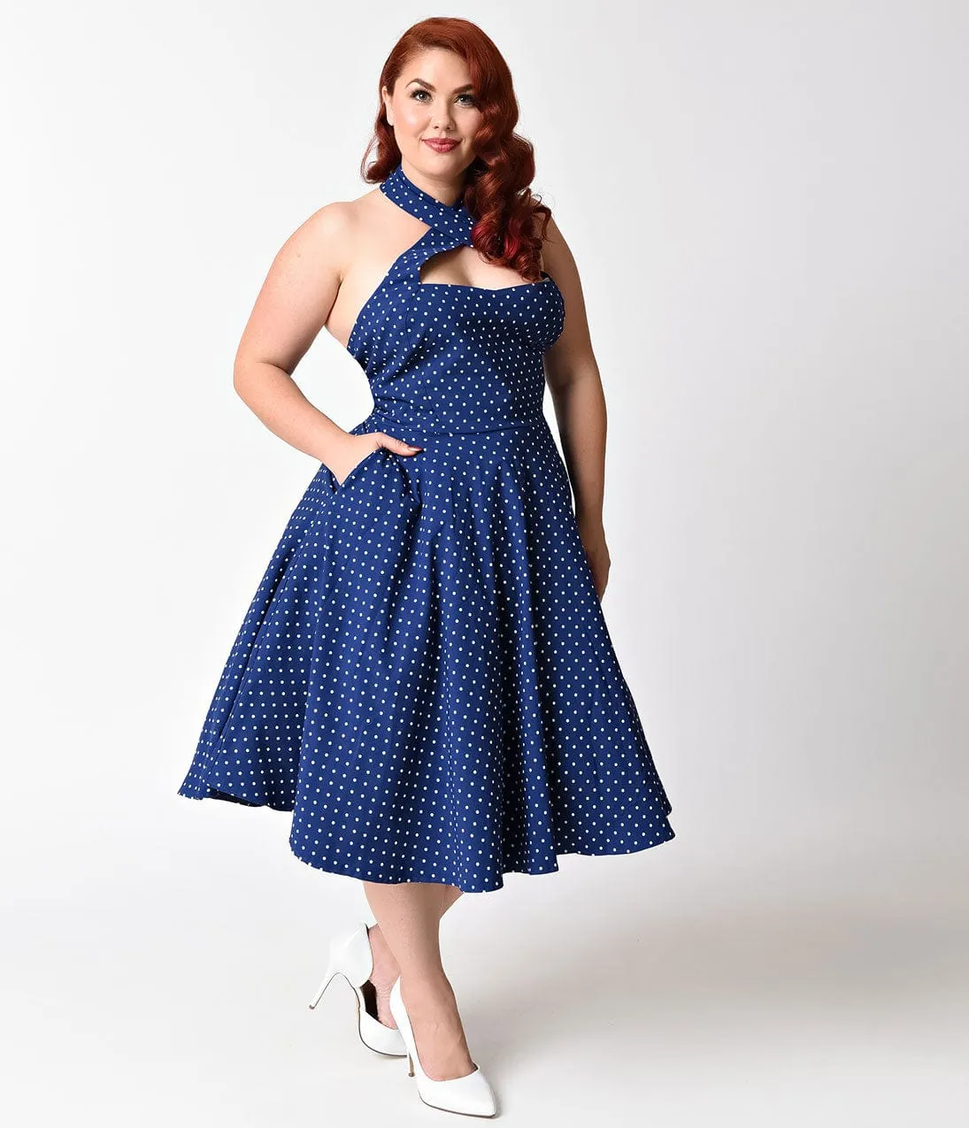 Unique Vintage Plus Size 1950s Style Royal Blue & White Dot Criss Cross Halter Flare Rita Dress sold by Unique Vintage product image thumbnail 3