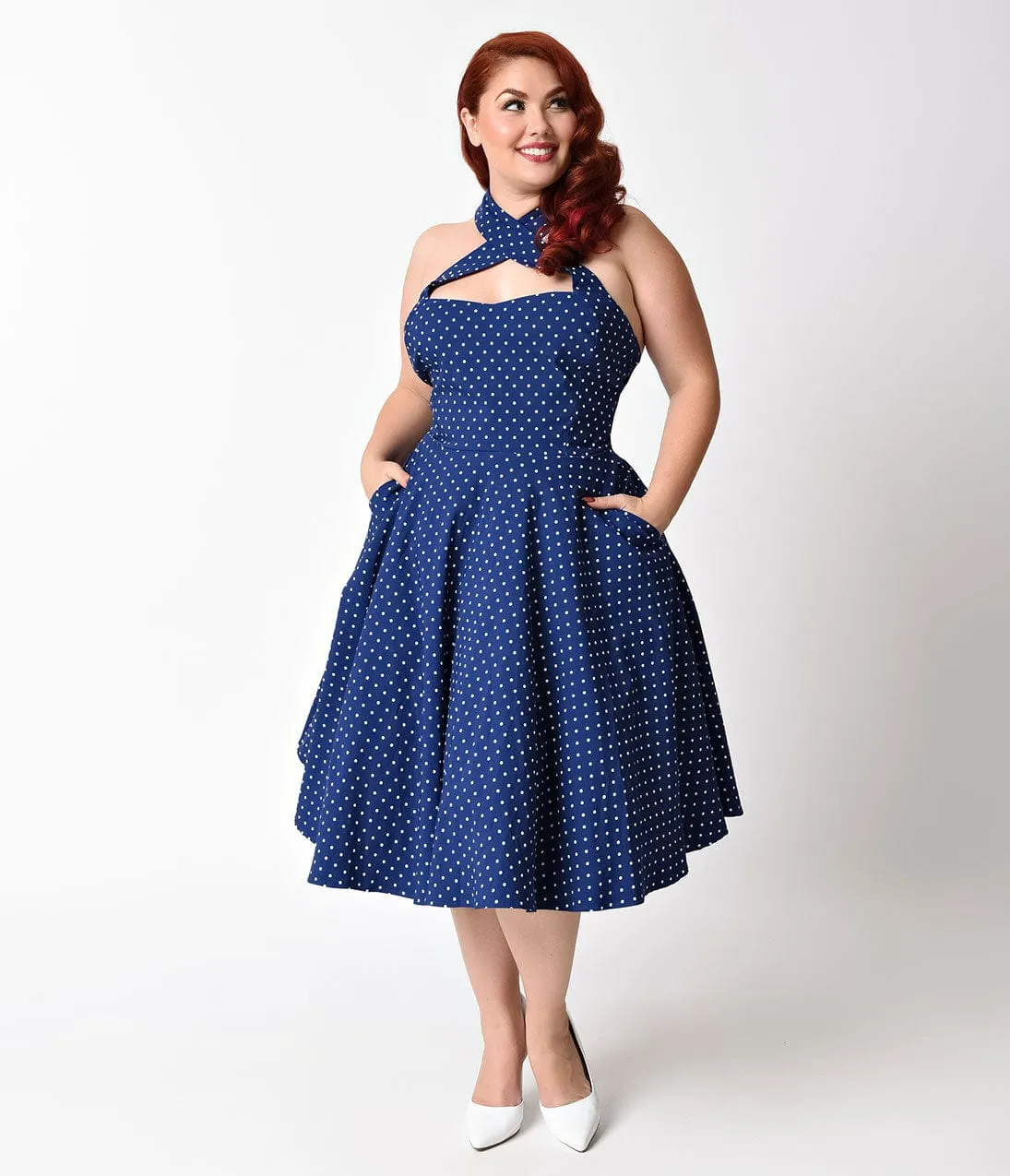 Unique Vintage Plus Size 1950s Style Royal Blue & White Dot Criss Cross Halter Flare Rita Dress sold by Unique Vintage product image thumbnail 4