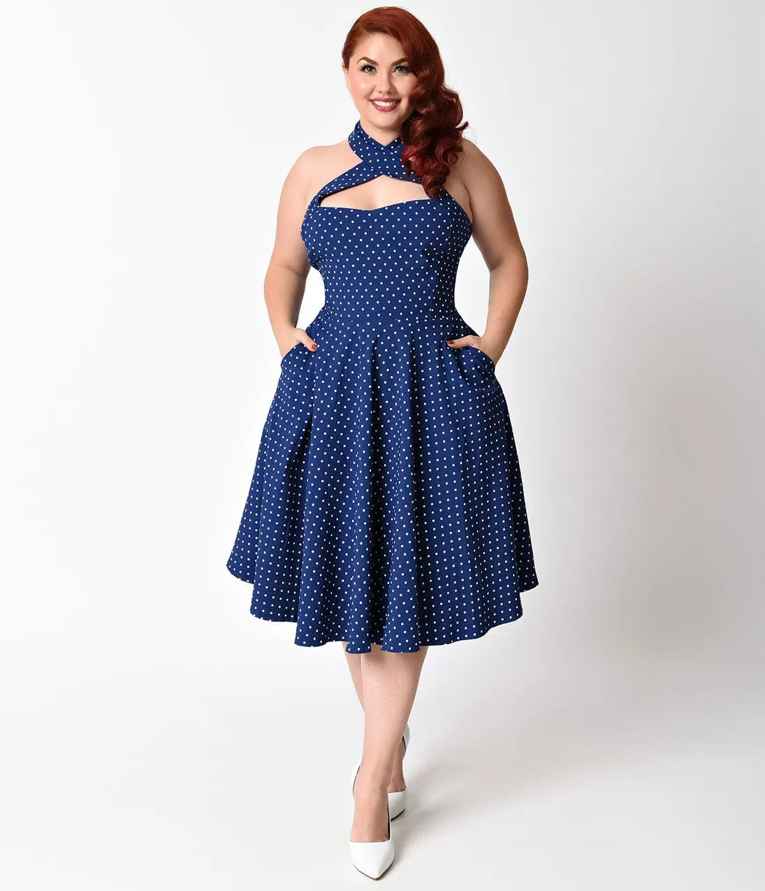 Unique Vintage Plus Size 1950s Style Royal Blue & White Dot Criss Cross Halter Flare Rita Dress sold by Unique Vintage