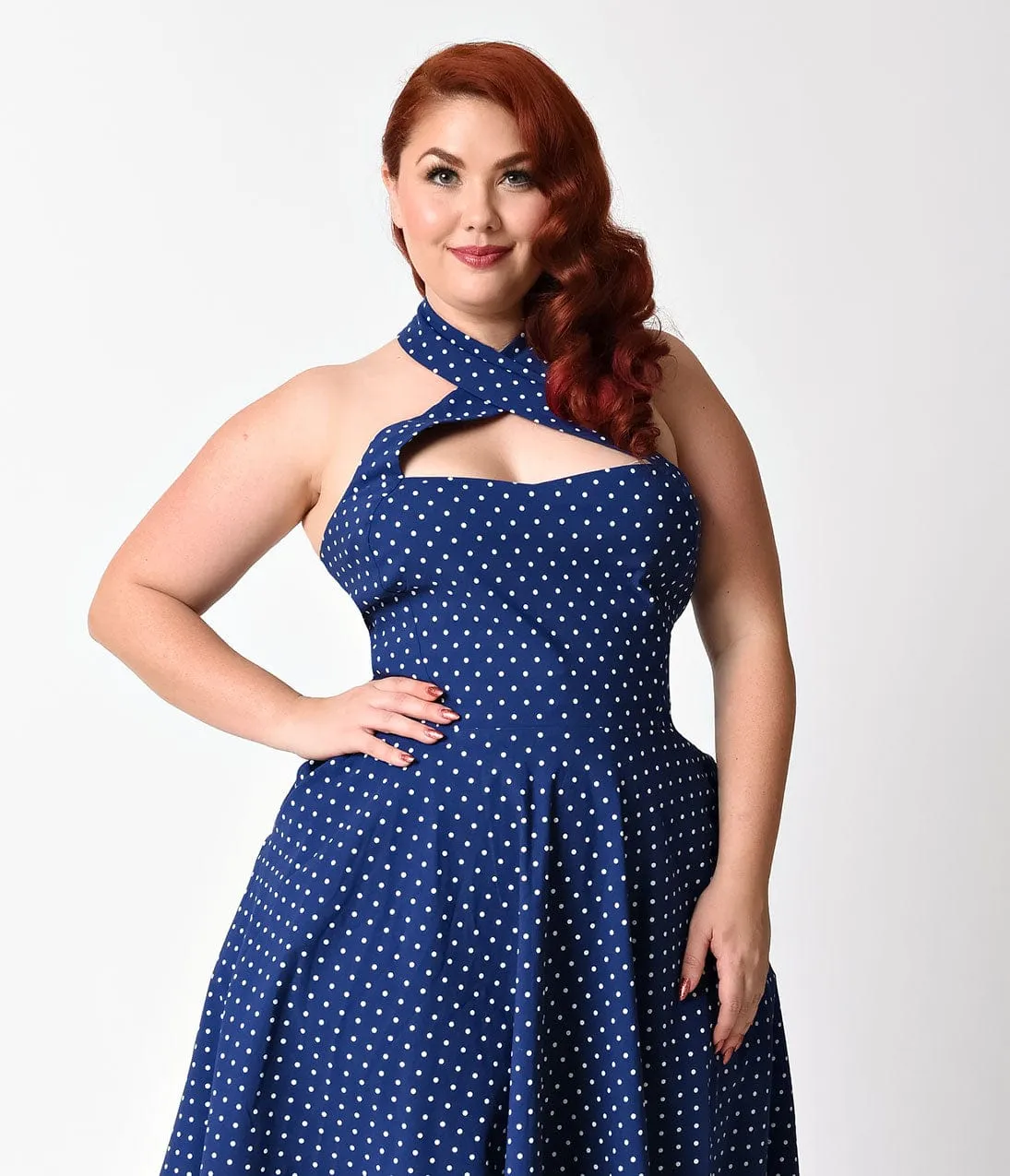 Unique Vintage Plus Size 1950s Style Royal Blue & White Dot Criss Cross Halter Flare Rita Dress sold by Unique Vintage product image thumbnail 5
