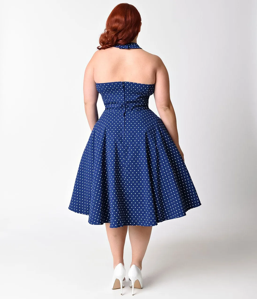 Unique Vintage Plus Size 1950s Style Royal Blue & White Dot Criss Cross Halter Flare Rita Dress sold by Unique Vintage product image thumbnail 2