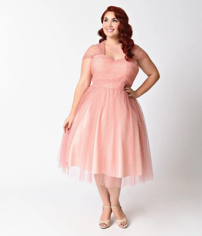 Unique Vintage Plus Size Rose Pink & White Swiss Dot Garden State Dress sold by Unique Vintage