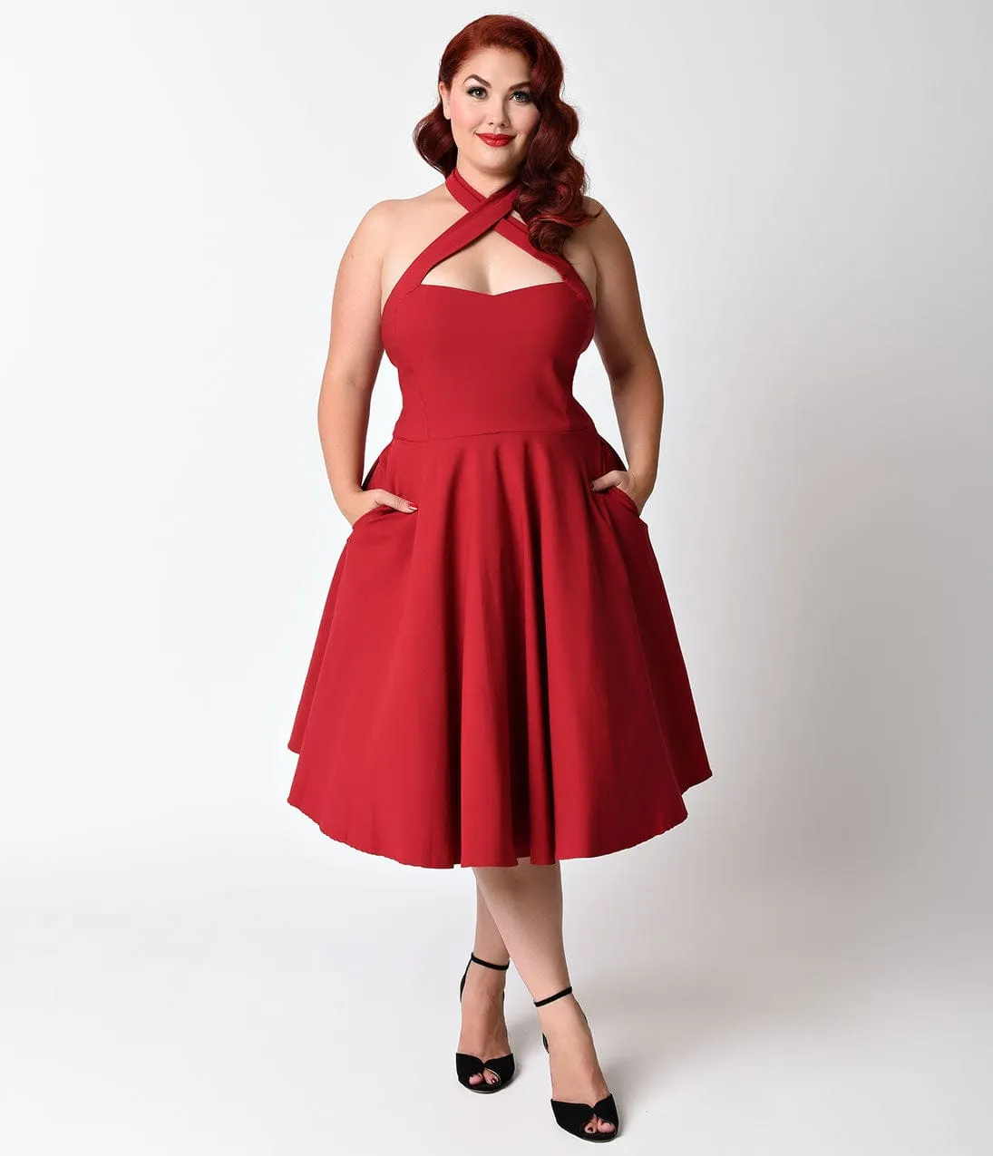 Unique Vintage Plus Size 1950s Style Red Criss Cross Halter Flare Rita Dress sold by Unique Vintage product image thumbnail 4