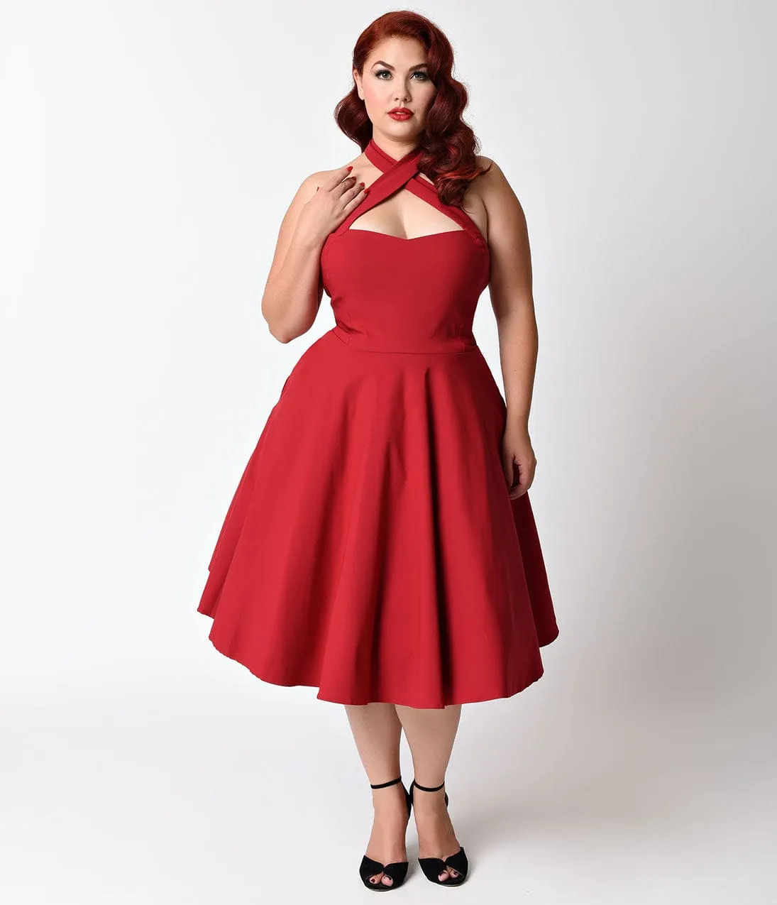 Unique Vintage Plus Size 1950s Style Red Criss Cross Halter Flare Rita Dress sold by Unique Vintage