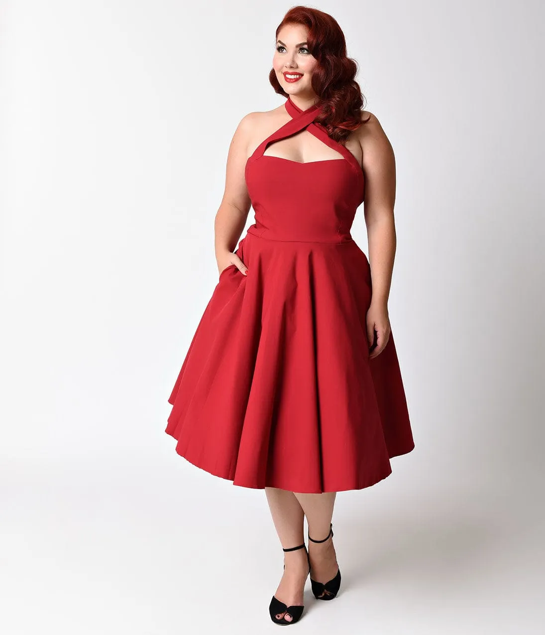 Unique Vintage Plus Size 1950s Style Red Criss Cross Halter Flare Rita Dress sold by Unique Vintage product image thumbnail 3