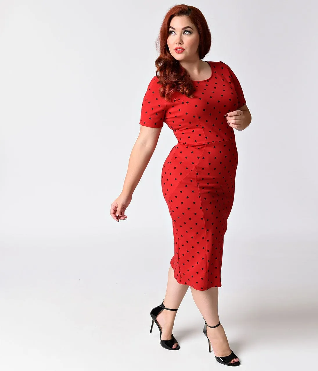 Unique Vintage Plus Size 1960s Red & Black Dotted Stretch Mod Wiggle Dress sold by Unique Vintage product image thumbnail 3