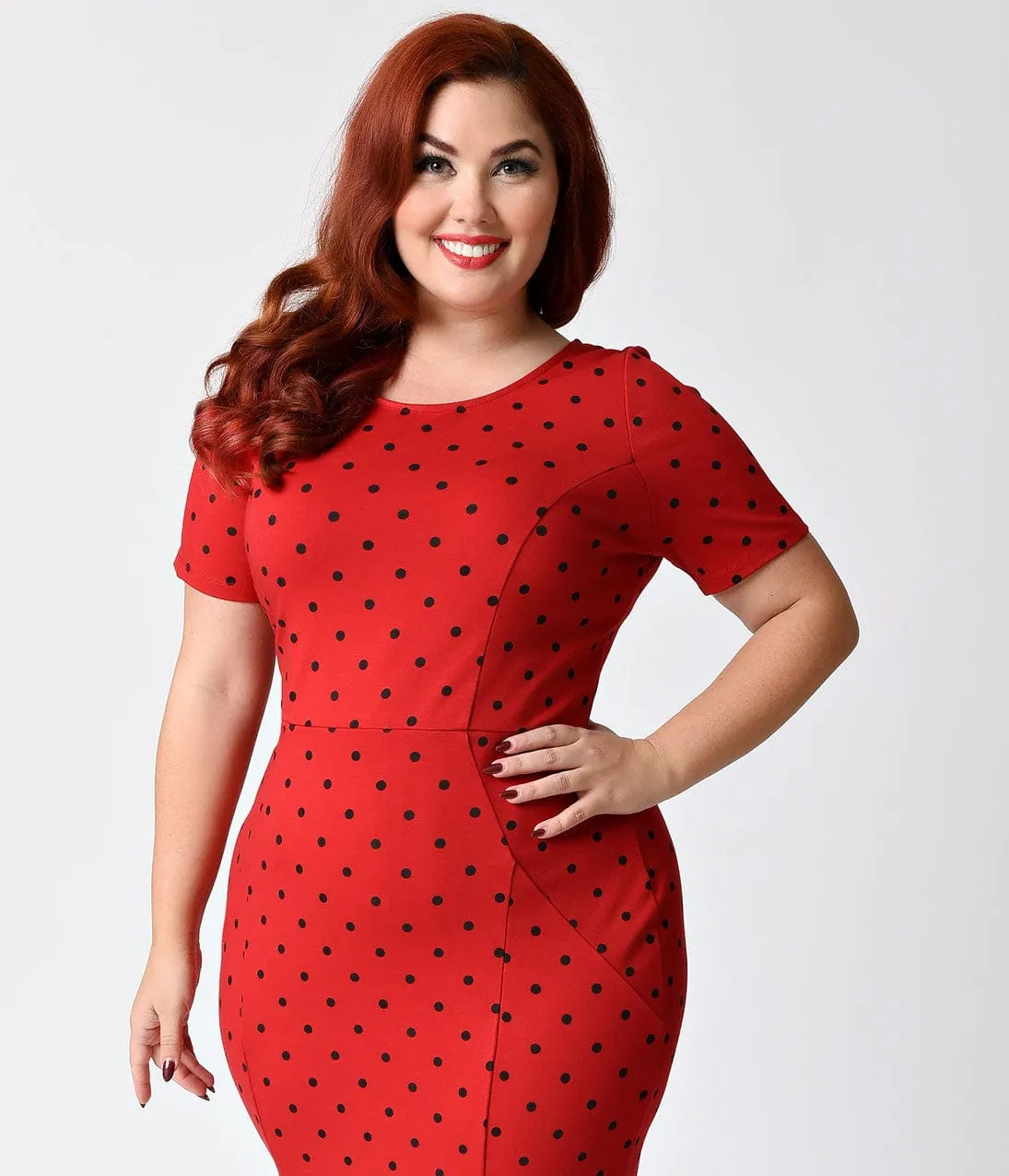 Unique Vintage Plus Size 1960s Red & Black Dotted Stretch Mod Wiggle Dress sold by Unique Vintage product image thumbnail 4