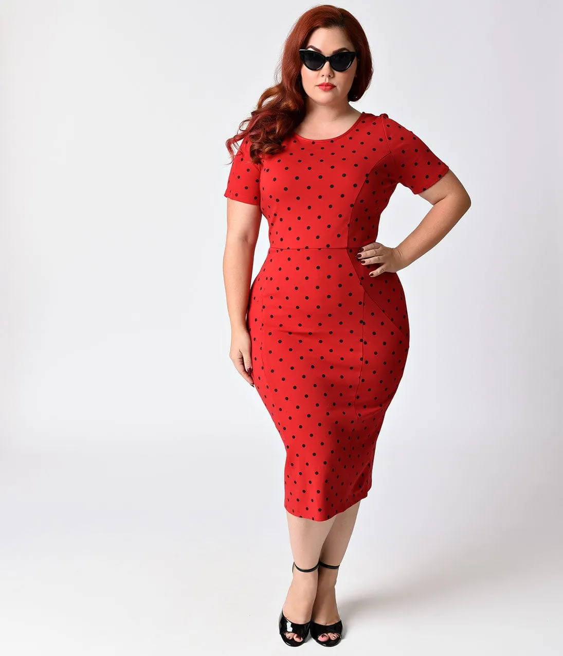 Unique Vintage Plus Size 1960s Red & Black Dotted Stretch Mod Wiggle Dress sold by Unique Vintage
