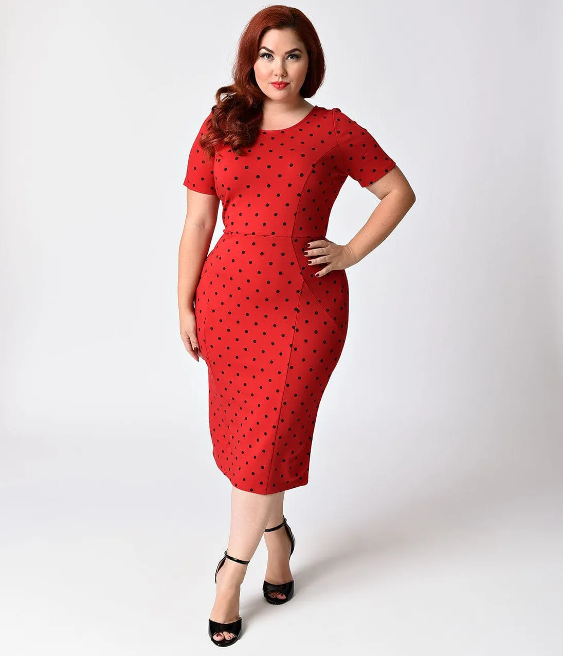 Unique Vintage Plus Size 1960s Red & Black Dotted Stretch Mod Wiggle Dress sold by Unique Vintage product image thumbnail 2