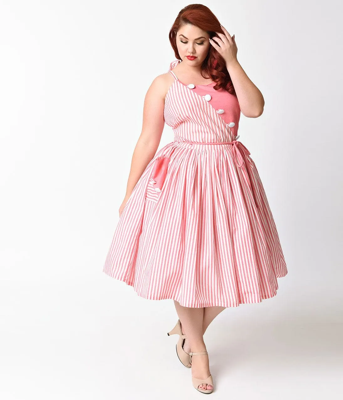 Unique Vintage Plus Size 1950s Style Pale Peach & White Stripe Hamilton Swing Dress sold by Unique Vintage product image thumbnail 4