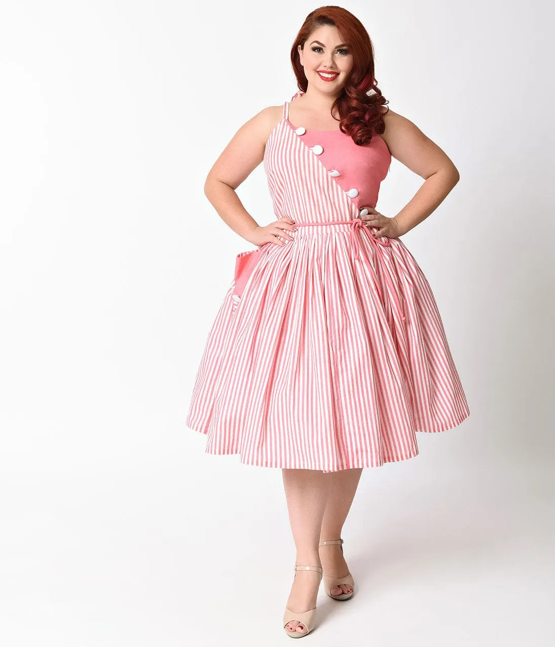 Unique Vintage Plus Size 1950s Style Pale Peach & White Stripe Hamilton Swing Dress sold by Unique Vintage