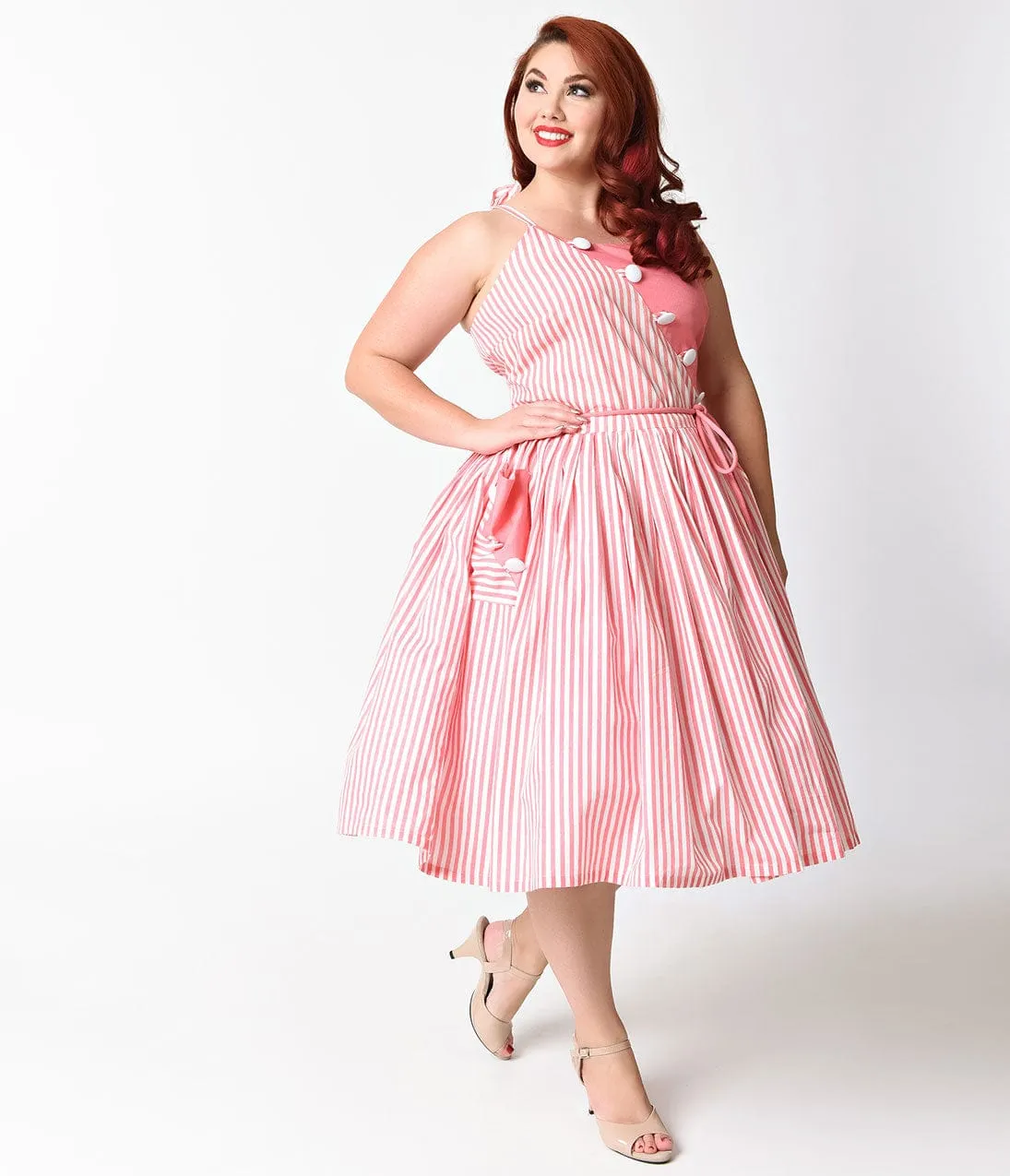 Unique Vintage Plus Size 1950s Style Pale Peach & White Stripe Hamilton Swing Dress sold by Unique Vintage product image thumbnail 2