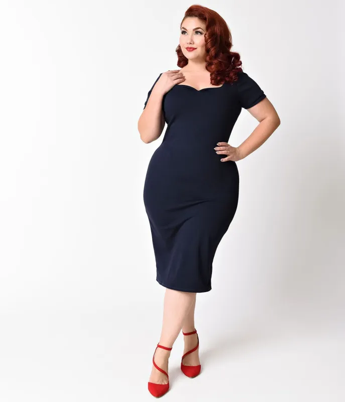 Unique Vintage Plus Size Navy Blue Short Sleeve Harris Knit Wiggle Dress made by Unique Vintage