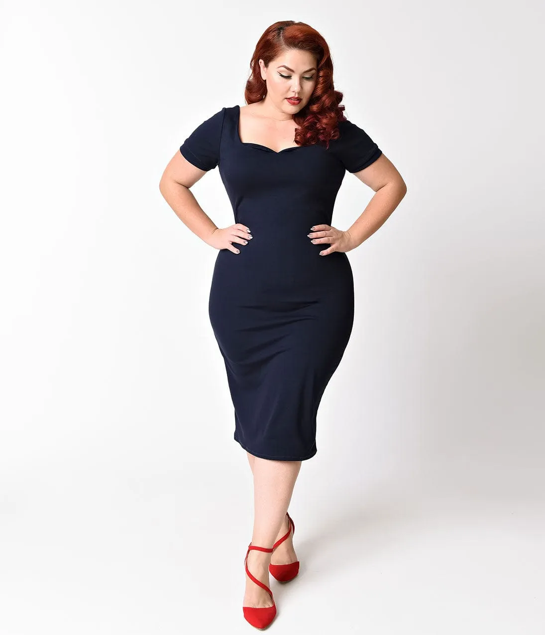 Unique Vintage Plus Size Navy Blue Short Sleeve Harris Knit Wiggle Dress sold by Unique Vintage product image thumbnail 5