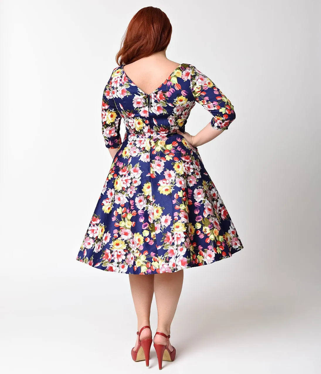 Unique Vintage Plus Size Navy Blue & Floral Sleeved Bouvier Swing Dress sold by Unique Vintage product image thumbnail 2