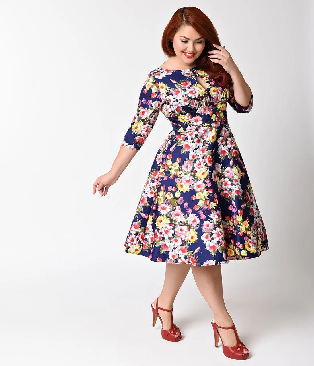 Unique Vintage Plus Size Navy Blue & Floral Sleeved Bouvier Swing Dress sold by Unique Vintage product image thumbnail 3
