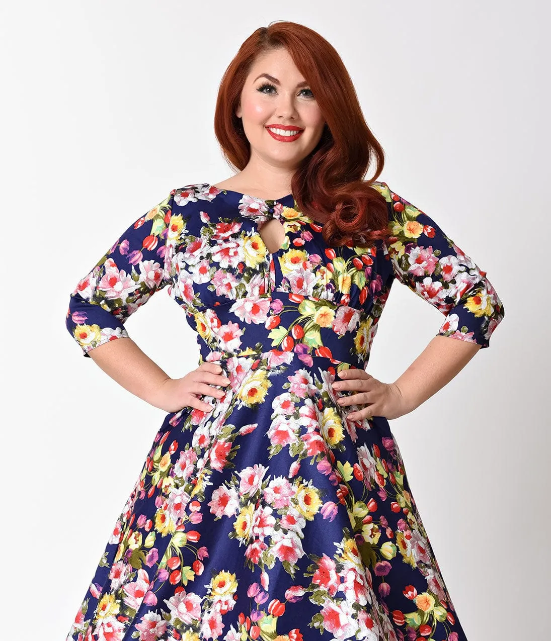 Unique Vintage Plus Size Navy Blue & Floral Sleeved Bouvier Swing Dress sold by Unique Vintage product image thumbnail 4