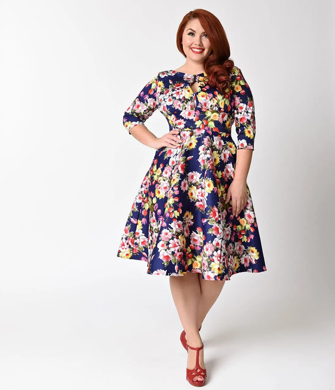 Unique Vintage Plus Size Navy Blue & Floral Sleeved Bouvier Swing Dress sold by Unique Vintage