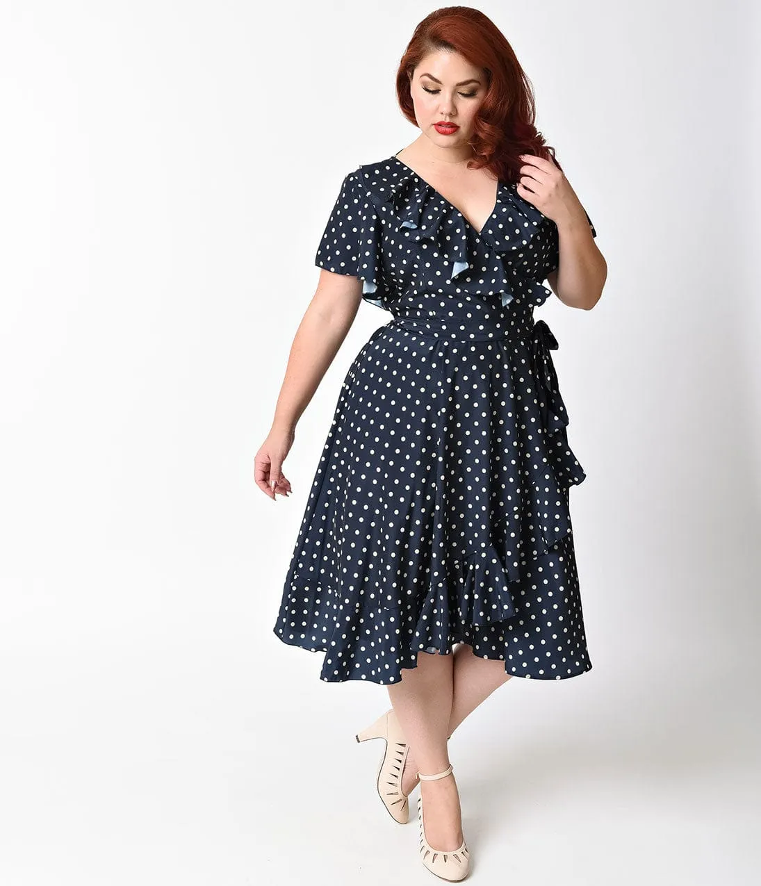 Unique Vintage Plus Size 1940s Navy Blue & Ivory Polka Dot Dotty Wrap Dress sold by Unique Vintage product image thumbnail 3