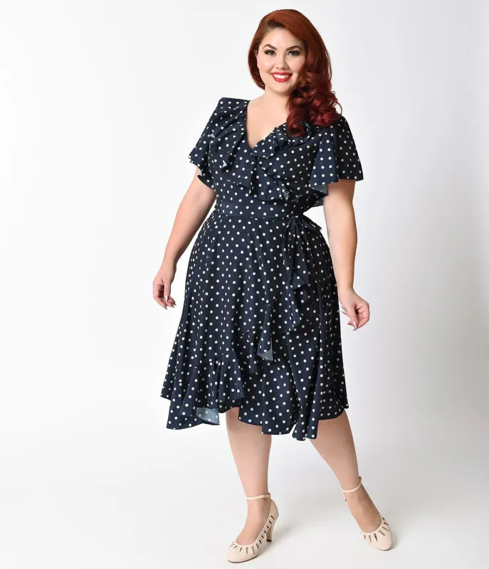 Unique Vintage Plus Size 1940s Navy Blue & Ivory Polka Dot Dotty Wrap Dress made by Unique Vintage