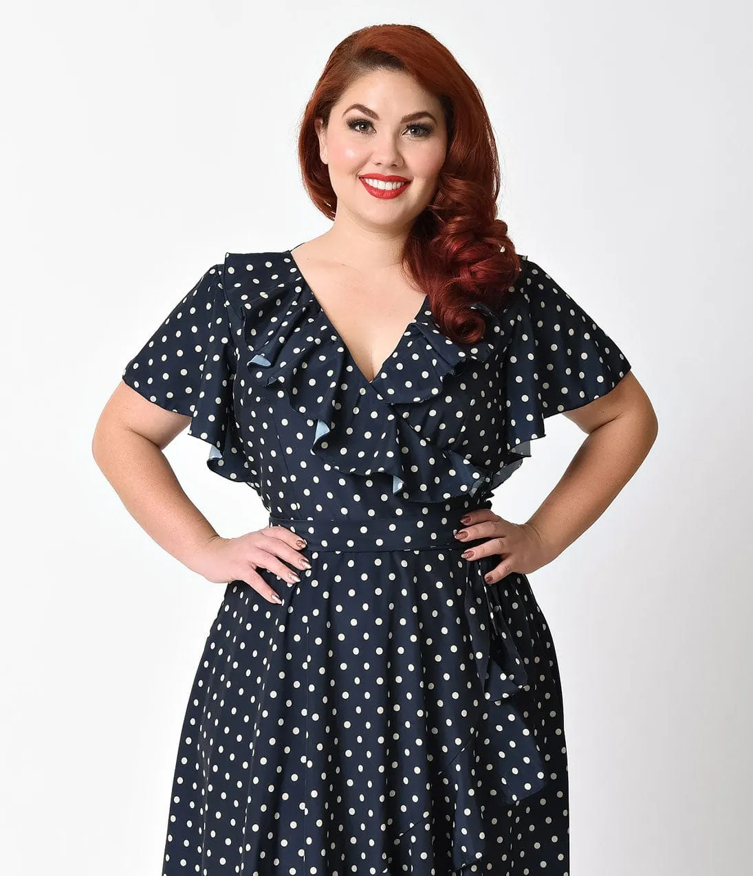 Unique Vintage Plus Size 1940s Navy Blue & Ivory Polka Dot Dotty Wrap Dress sold by Unique Vintage product image thumbnail 4