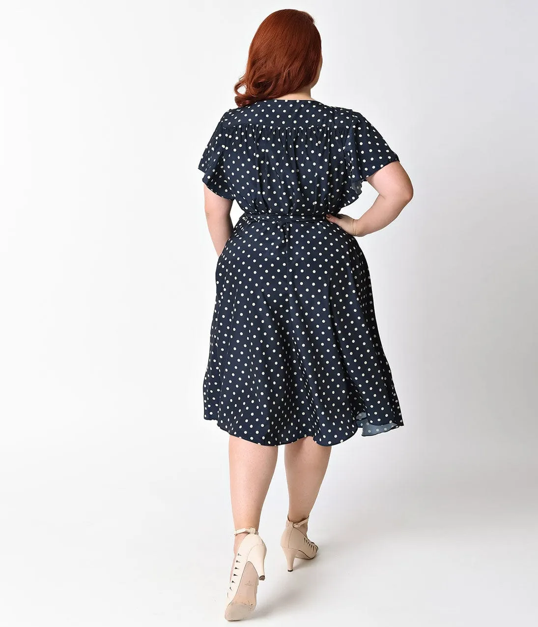 Unique Vintage Plus Size 1940s Navy Blue & Ivory Polka Dot Dotty Wrap Dress sold by Unique Vintage product image thumbnail 2