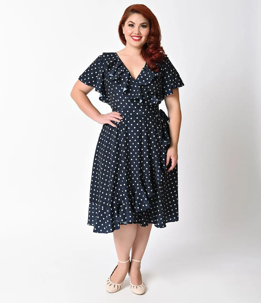 Unique Vintage Plus Size 1940s Navy Blue & Ivory Polka Dot Dotty Wrap Dress sold by Unique Vintage product image thumbnail 5