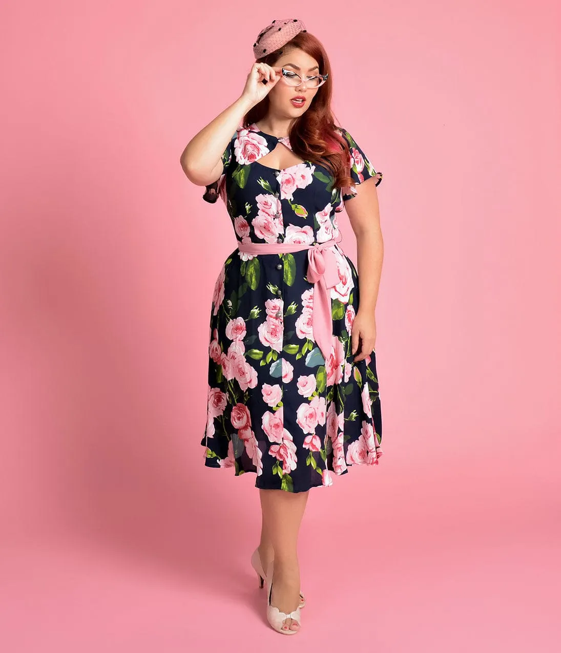 Unique Vintage Plus Size 1940s Navy & Pink Rose Short Sleeve Ashcroft Swing Dress sold by Unique Vintage product image thumbnail 5