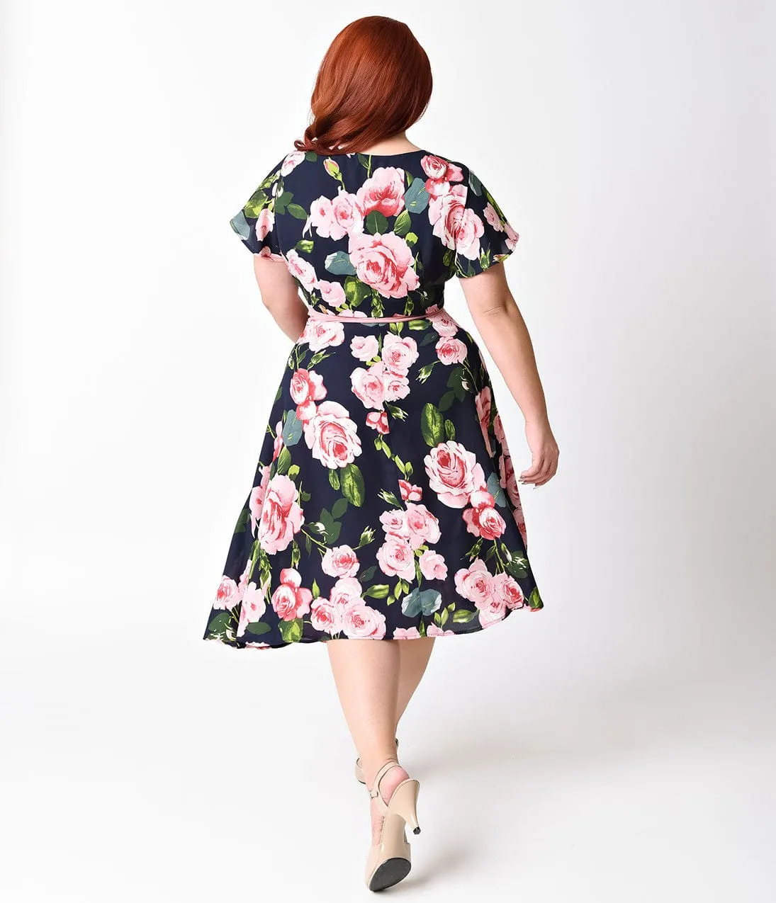 Unique Vintage Plus Size 1940s Navy & Pink Rose Short Sleeve Ashcroft Swing Dress sold by Unique Vintage product image thumbnail 2