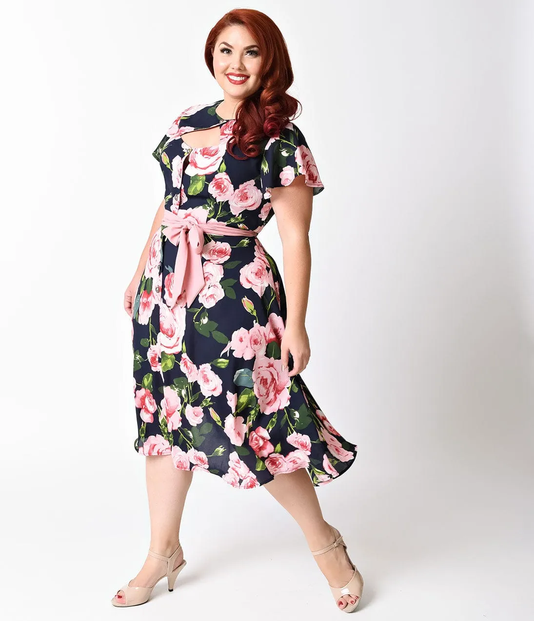 Unique Vintage Plus Size 1940s Navy & Pink Rose Short Sleeve Ashcroft Swing Dress sold by Unique Vintage product image thumbnail 3
